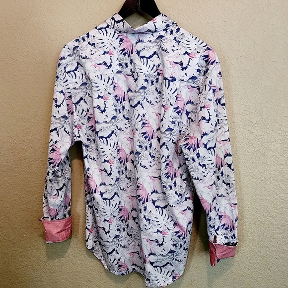 Tommy Bahama Island Zone Pink and Blue Leaf Print Button Down Shirt Pima Blend S - Picture 2 of 4